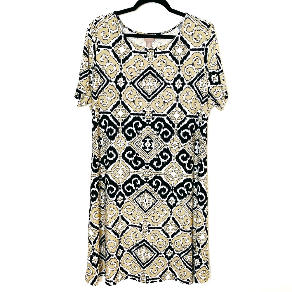 Chico's Dress Size 3 US XL Slinky Geometric Tan Black White Travel Packable